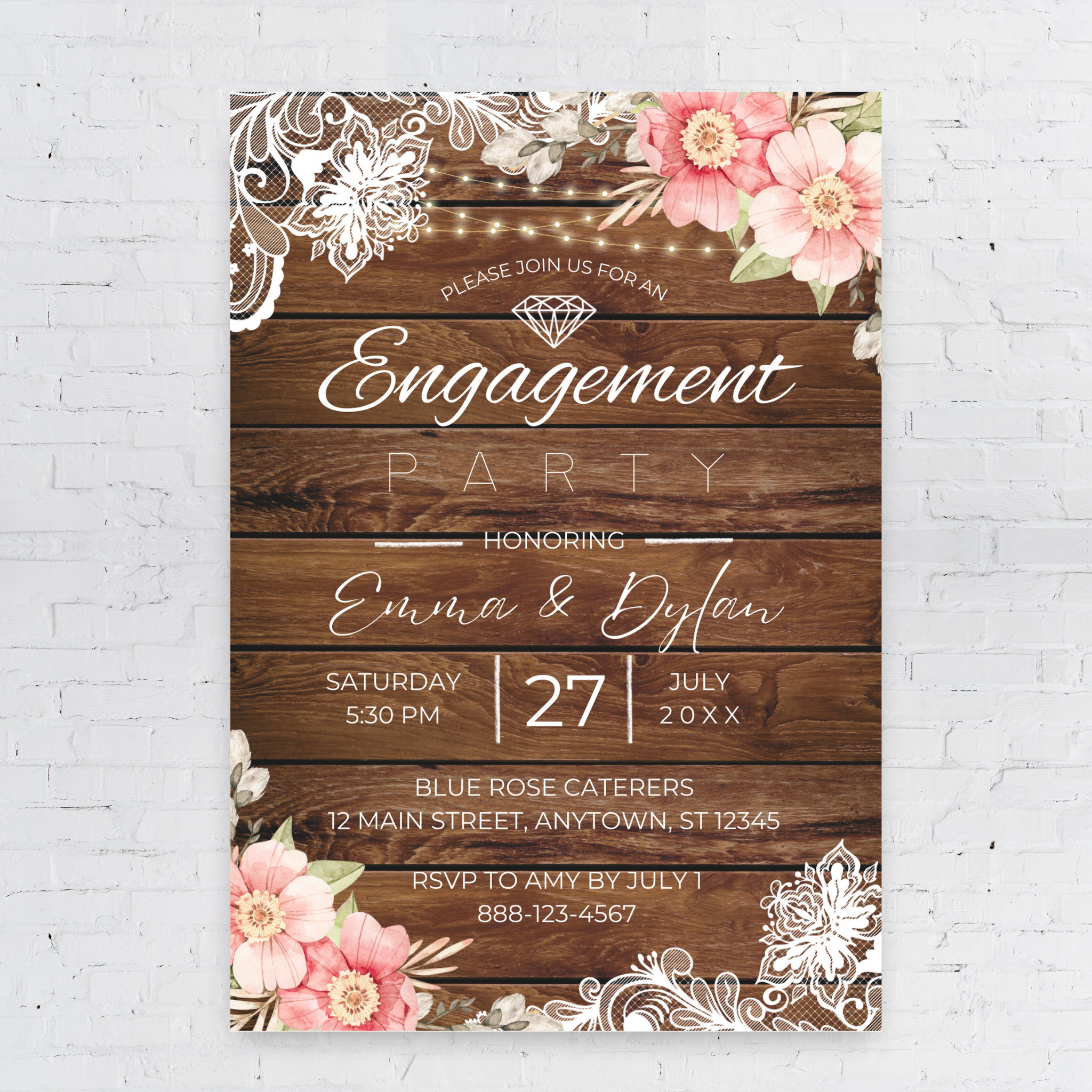 Rustic Wood Wedding Engagement Party Invitation Template, Lace String  Lights Country, Pink Floral, Editable Printable, Instant Download - Etsy, image size:2048x2048