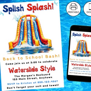 Back To School Waterslide Pool Party Invitation Template, Editable Printable Mobile End Of Summer Backyard Bash Invite, Instant Download