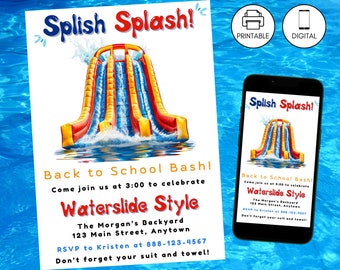 Modèle d'invitation à la fête de la piscine avec toboggan aquatique pour la rentrée scolaire, invitation mobile modifiable et imprimable pour une fête d'arrière-cour de fin d'été, téléchargement immédiat