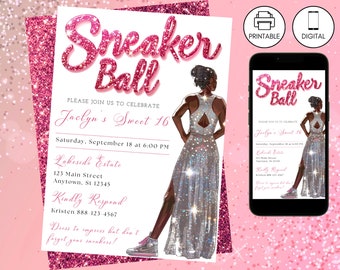 Sneaker Ball Birthday Party Invitation Pink, Instant Download, Sweet 16, Editable Kicks Celebration Gala Bash, Tween Teen Invite Glitter