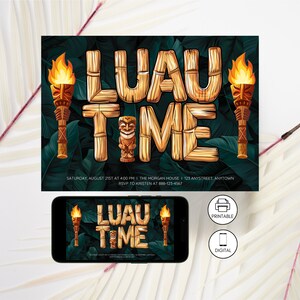 Luau Party Flyer Template, Tropical Tiki Torches Hawaiian Theme Summer Party, Instant Download, Family Friend Backyard Birthday, Beach Pool