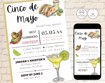 Cinco De Mayo Party Invitation Template, Fiesta Invite, Margarita, Instant Download, Mexican Holiday Celebration, Tacos and Tequila, May 5