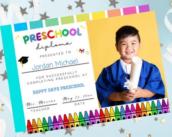 Preschool Graduation Diploma Photo Certificate, Editable Teacher Resources, Pre-K Grad Rainbow Printable, Instand Download, Boy s Last Day
