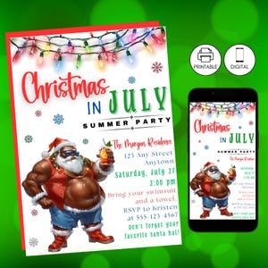 Christmas in July Pool Party Invitation Template, Fun Summer Celebration Event, Santa, Lights, Instant Download, Green Red, African American