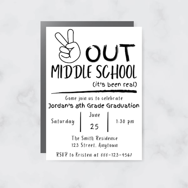 Middle School Graduation Invitation | Peace Out Middle School | Editable  Party Invite | 8th Grade Grad | Instant Download | End of Year