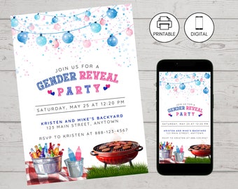 Backyard Gender Reveal Party Invitation Template, Baby-Q Gender Neutral Coed Couple Baby Shower Barbeque Invite, Boy or Girl, BBQ, Pink Blue