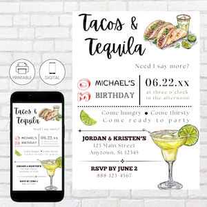 Tacos And Tequila Party Invitation Template, Margarita Invite, Birthday Celebration, Mexican Food Fiesta, Cocktail Party, Instant Download