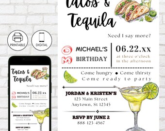 Tacos And Tequila Party Invitation Template, Margarita Invite, Birthday Celebration, Mexican Food Fiesta, Cocktail Party, Instant Download
