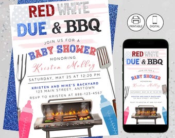 Red White & Due Baby Shower Invitation, 4th Of July Bbq, Baby Q Grill Invite, Instant Download, Patriotic  Sparkle Girl Boy Celebration