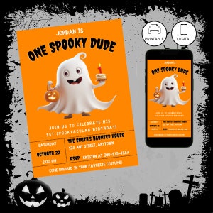 Erster Geburtstag Geist Halloween-Einladung Vorlage, ein gruseliger Dude Party einladen, bearbeitbare Canva druckbar, sofortiger Download, Orange Schwarz W