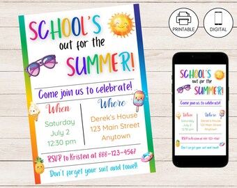 Pode incluir: Um convite imprimível colorido para uma festa de verão. O convite apresenta um sol, óculos de sol, um cone de sorvete e um picolé. O texto diz "A escola acabou para o verão!" e inclui detalhes sobre a festa, incluindo a data, a hora e o local. Também inclui informações de RSVP.