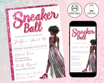 Sneaker Ball Birthday Party Invitation Pink Template, Instant Download, Sweet 16, Kicks Celebration Gala Bash, Tween Teen Invite Glitter 5