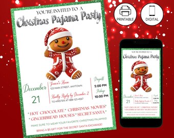 Christmas Pajama Party Invitation Template, Kid Holiday PJ Invite, Instant Download, Comfy Cozy Slippers, Green Red Glitter, Gingerbread Man