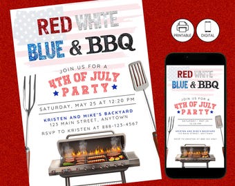 May include: Red, white, and blue 4th of July party invitation with a grill and fireworks. The invitation says "Join us for a 4th of July Party" and includes the date, time, and location of the party.