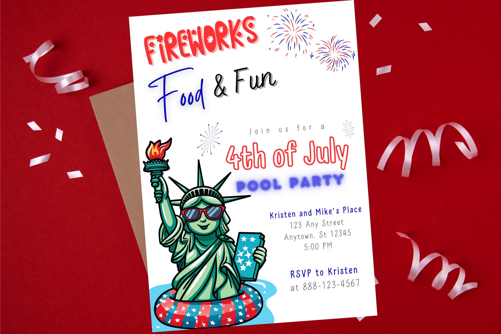 4th of July Pool Party Invitation, Patriotic Red White Blue ...