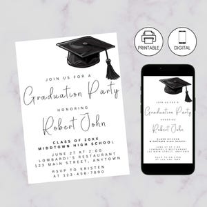 Graduation Party Modern Black Invitation Template, Minimalist Digital Grad Announcement, Class of 2025 Invite, Instant Download, Elegant