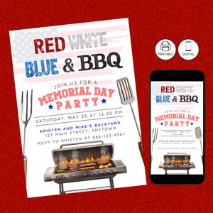 Memorial Day BBQ Party Glitter Invitation Template, Patriotic Red White & Blue Memorial Day Invite, Barbeque Cookout Grilling Celebration