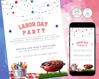 Labor Day BBQ Party Invitation, Patriotic Red White & Blue Invite, Barbeque Cookout Grilling Celebration, Instant Download, Summer Picnic
