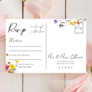 Wildblumen Hochzeit Rsvp Postkarte Vorlage, Bearbeitbare Empfangsteilnahme, Moderne druckbare Blumenantwort Gastkarte, sofortiger Download