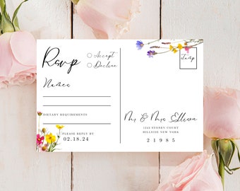 Wildflower Wedding Rsvp Postcard Template, Editable Reception Attendance, Modern Printable Floral Response Guest Card, Instant Download