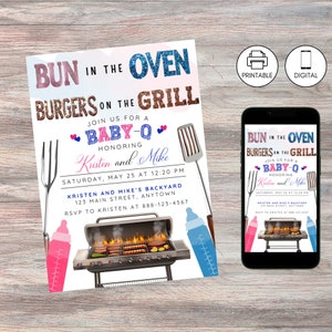 Bun In Oven Burger On Grill Backyard CoEd Baby Shower Party Invitation Template, Baby-Q Gender Neutral Couple Jack Jill BBQ Invite, Boy Girl
