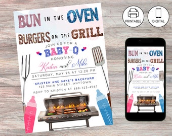 Bun In Oven Burger On Grill Backyard CoEd Baby Shower Party Invitation Template, Baby-Q Gender Neutral Couple Jack Jill BBQ Invite, Boy Girl