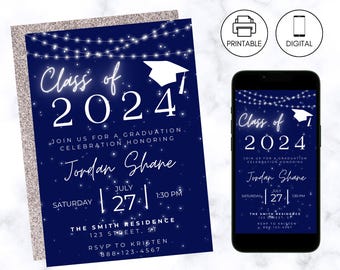 Convite de formatura azul e branco | Anúncio de formatura | Convites para festa de formatura | Download instantâneo | Convite com foto | Ensino médio e faculdade