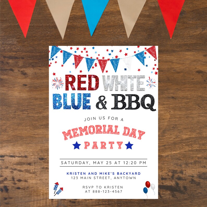 Memorial Day BBQ Party Glitter Invitation, Patriotic Red White & Blue ...