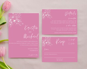 Blush Pink White Floral Wedding Invitation Suite Template, Summer Invite, Instant Download, Botanical Stationery Bundle Set, Details RSVP