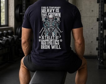 Pain Is Temporary Gym T-Shirt, Biomechanical Skeleton, Iron Will Workout Tee