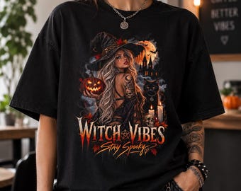 Witch Vibes Halloween T-Shirt, Gothic Pumpkin Cat Design, Spooky Season Tee
