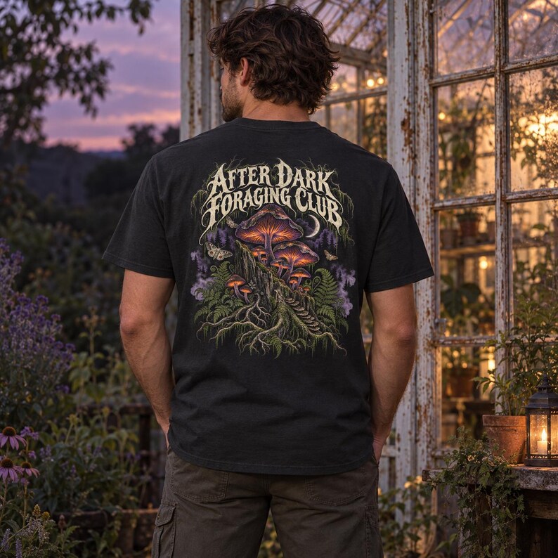 May include: A black short-sleeve t-shirt featuring a graphic on the back with the text "AFTER DARK FORAGING CLUB" in a stylized font. The illustration depicts glowing purple and orange mushrooms, green ferns, tree roots, and moths.