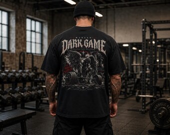 Dark Gothic Gym Shirt, Fallen Angel Barbell Art, Oversized Streetwear Tee