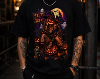 Trick or Treat Pumpkin Witch Gothic Halloween Tee, Spooky Streetwear