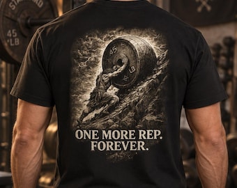 Sisyphus Bodybuilding T-Shirt, One More Rep Back Print, Dark Gym Streetwear