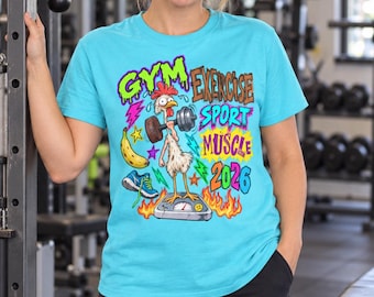 Funny Gym Shirt, Chicken Dumbbell Graphic Tee, Retro Workout T-Shirt