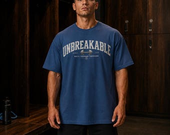 Unbreakable Gym Shirt, Weightlifting Tee, Vintage Dumbbell Design (Built Through Pressure)