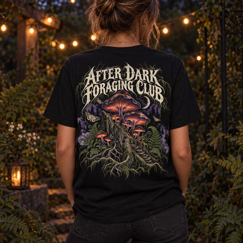 May include: A black t-shirt featuring a graphic print on the back with the text "AFTER DARK FORAGING CLUB" in a stylized font. The illustration depicts glowing mushrooms, tree roots, ferns, and moths set against a dark, forest-themed background.