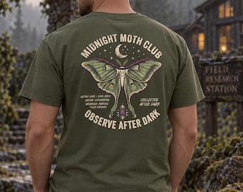 Midnight Moth Club T-Shirt, Luna Moth Botanical Print, Gothic Nature Tee