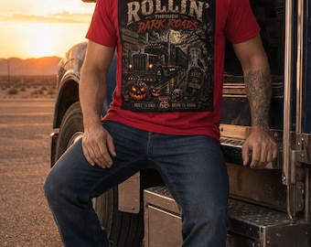 Halloween Trucker Shirt, Rollin Through Dark Roads Tee, Vintage Semi Truck T-Shirt