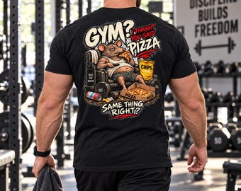 Funny Gym Rat Pizza Workout Shirt, Large Back Print Tee for Men
