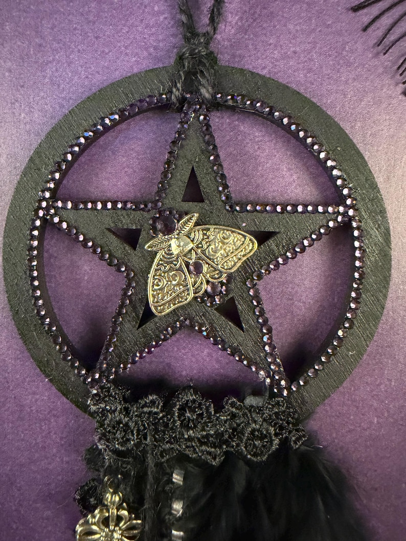Mini Shell Bell Handcrafted Mini Witch Bell, Black Pentacle, Moon Moths, Rhinestone ...