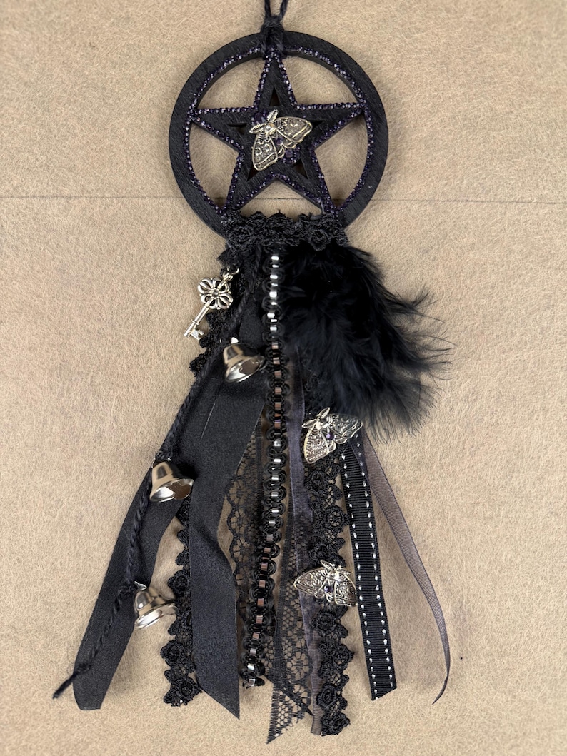 Mini Shell Bell Handcrafted Mini Witch Bell, Black Pentacle, Moon Moths, Rhinestone ...