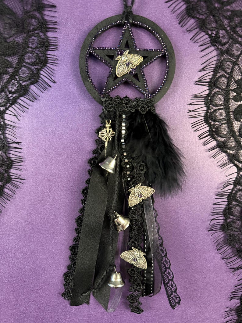 Mini Shell Bell Handcrafted Mini Witch Bell, Black Pentacle, Moon Moths, Rhinestone ...