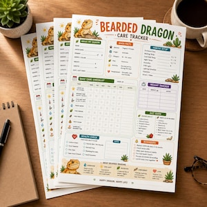 Puede incluir: Una hoja impresa de seguimiento de cuidados para dragón barbudo con secciones para configuración del hábitat, listas de tareas diarias, control de peso y guías de dieta. Incluye ilustraciones de un dragón barbudo, cactus y suculentas.