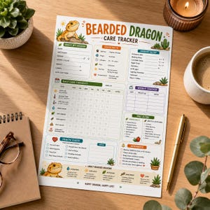 May include: A printed Bearded Dragon Care Tracker sheet featuring sections for daily care checklists, weight tracking, diet guides, and health checks. The document includes illustrations of bearded dragons and cacti, with text detailing care requirements for pet reptiles.