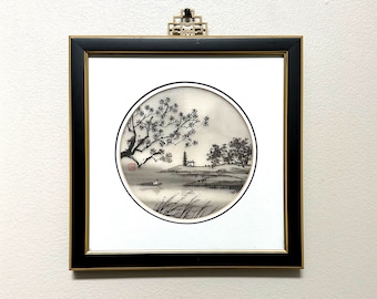 Pintura de seda original de Anton Wang firmada, paisaje en blanco y negro en una estera redonda, motivos asiáticos, árboles, barco, agua.