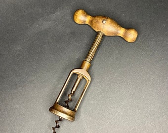 Vintage Corkscrew Made of Metal and Wood, with a Spring Mechanism, Great Vintage Condition SHIPS FREE