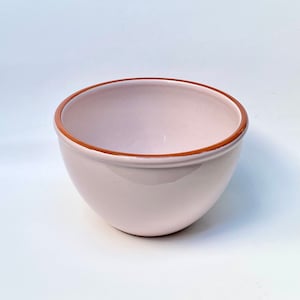 May include: A white ceramic bowl with a brown rim. The bowl is empty and sitting on a white surface.