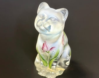 Fenton glass cat, opalescent glass kitty with hand painted floral design, excellent shape, signed by Shelley Fenton and stamped